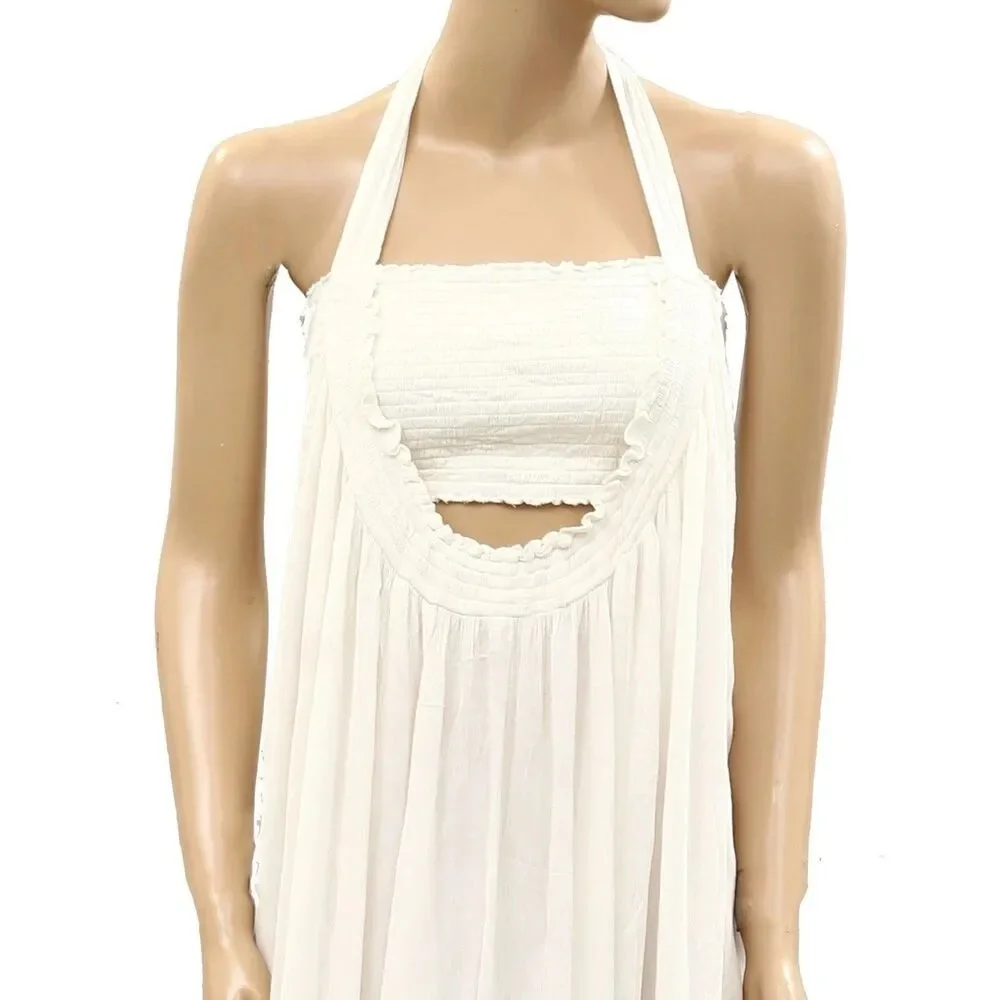 Free People Free-Est Kauri Maxi Dress Gauzey Smocked Halter Tiered Lace M 288428